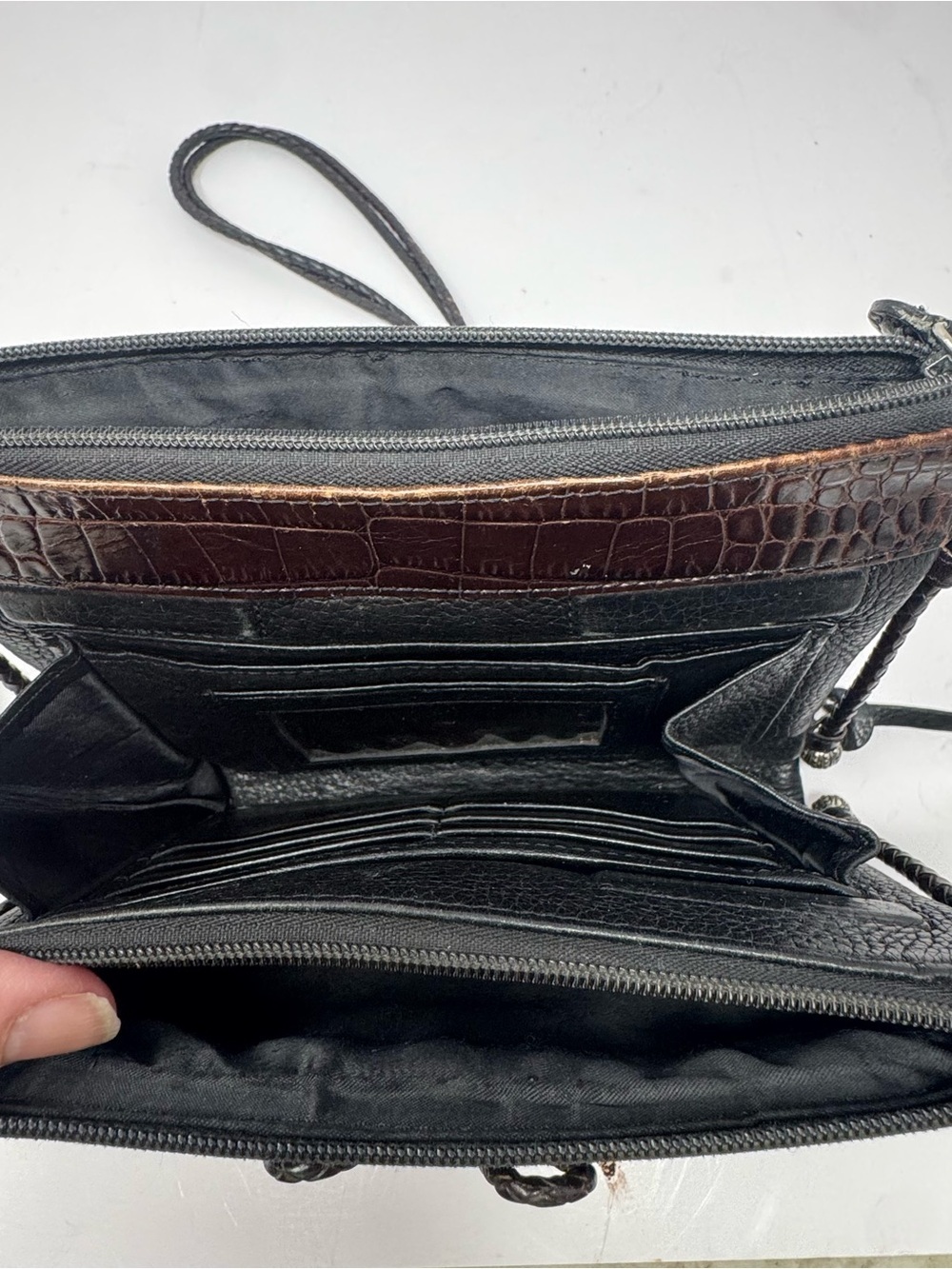 Vintage Brighton Black Brown Leather Crossbody Purse Silver Heart Charm - Picture 9 of 14